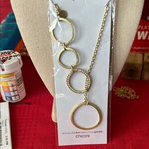 Chico's Gold Tone Textured Circle Hoop Crystal Rhinestone Long Necklace NEW